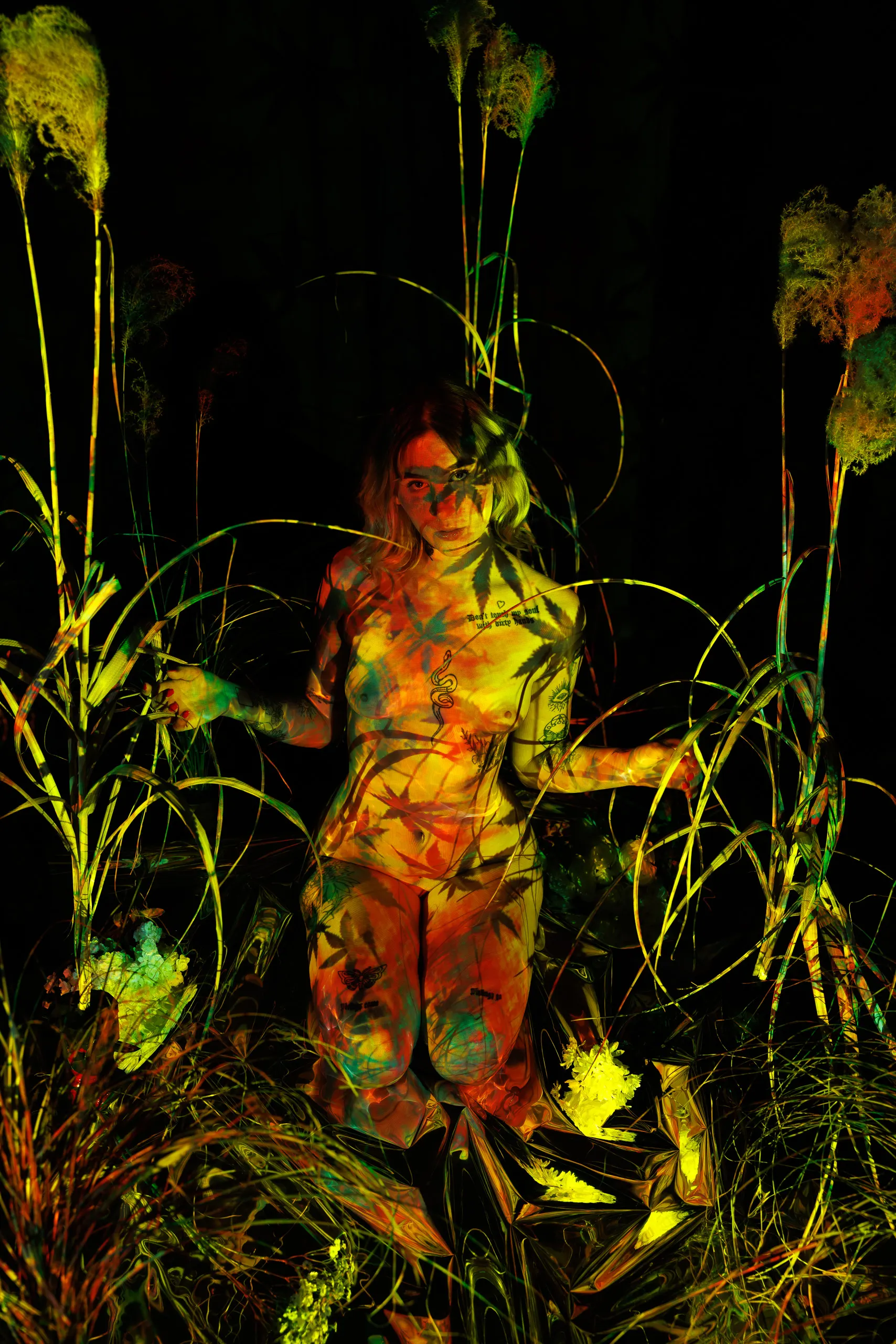 A woman kneels among tall dry grasses, arms held loose at her sides, warm gold-and-green light and cannabis-leaf shadows falling across her body and the plants around her.