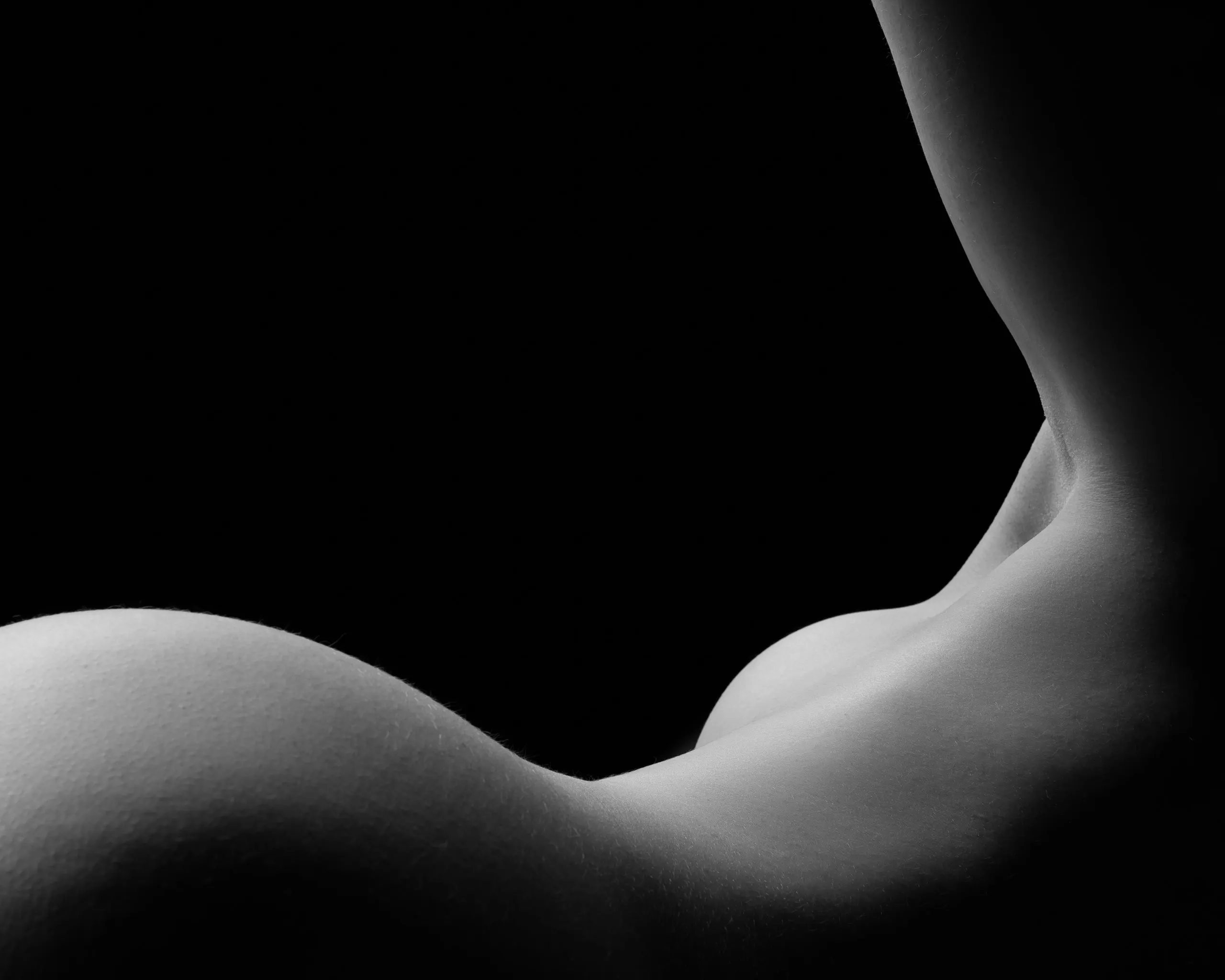 A close, low-light view of a woman's torso, photographed from behind, softly lit against black.