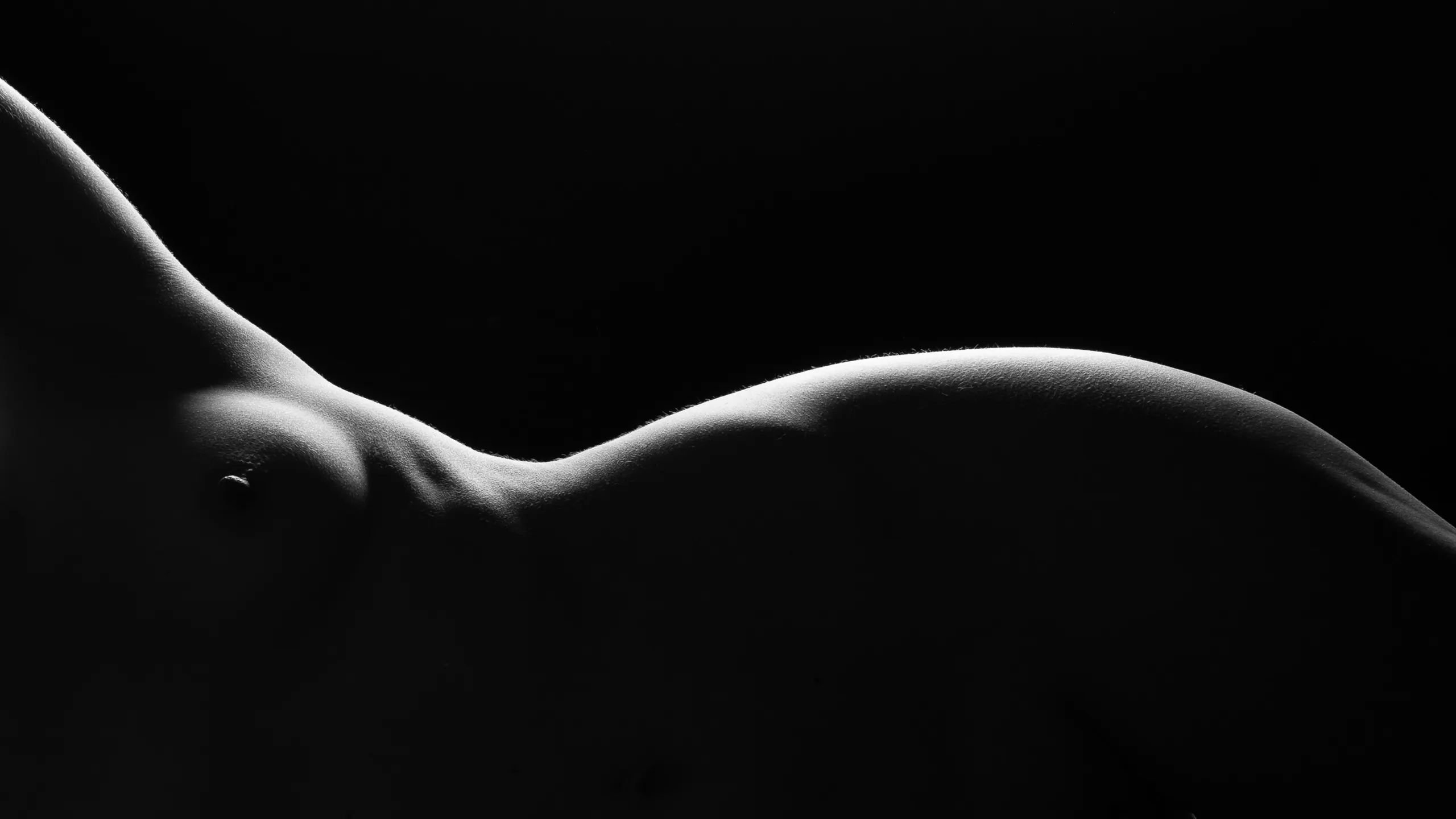A close, abstract bodyscape view of the waist curving into the hip, a single soft highlight tracing the crest of the curve against total black.