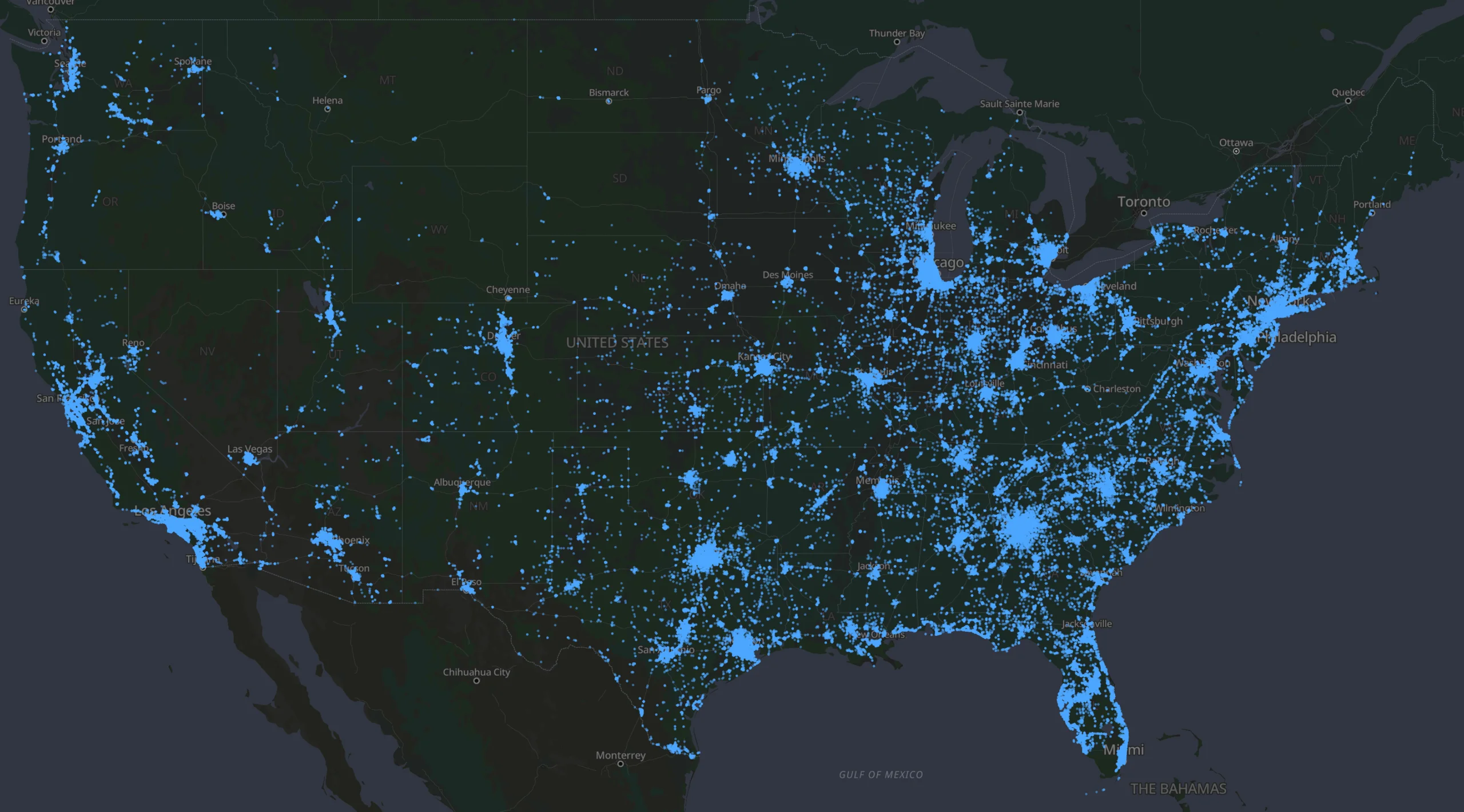 Map of the United States with blue markers showing surveillance camera locations, concentrated around cities and major roads.