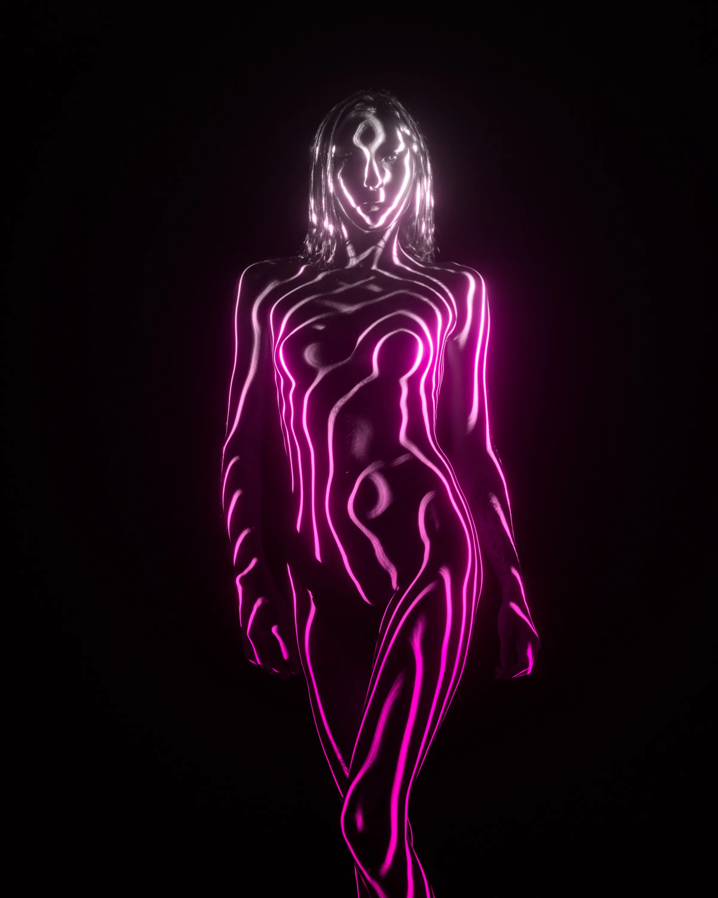 A woman stands against black as luminous magenta contour lines flow over her face and body.