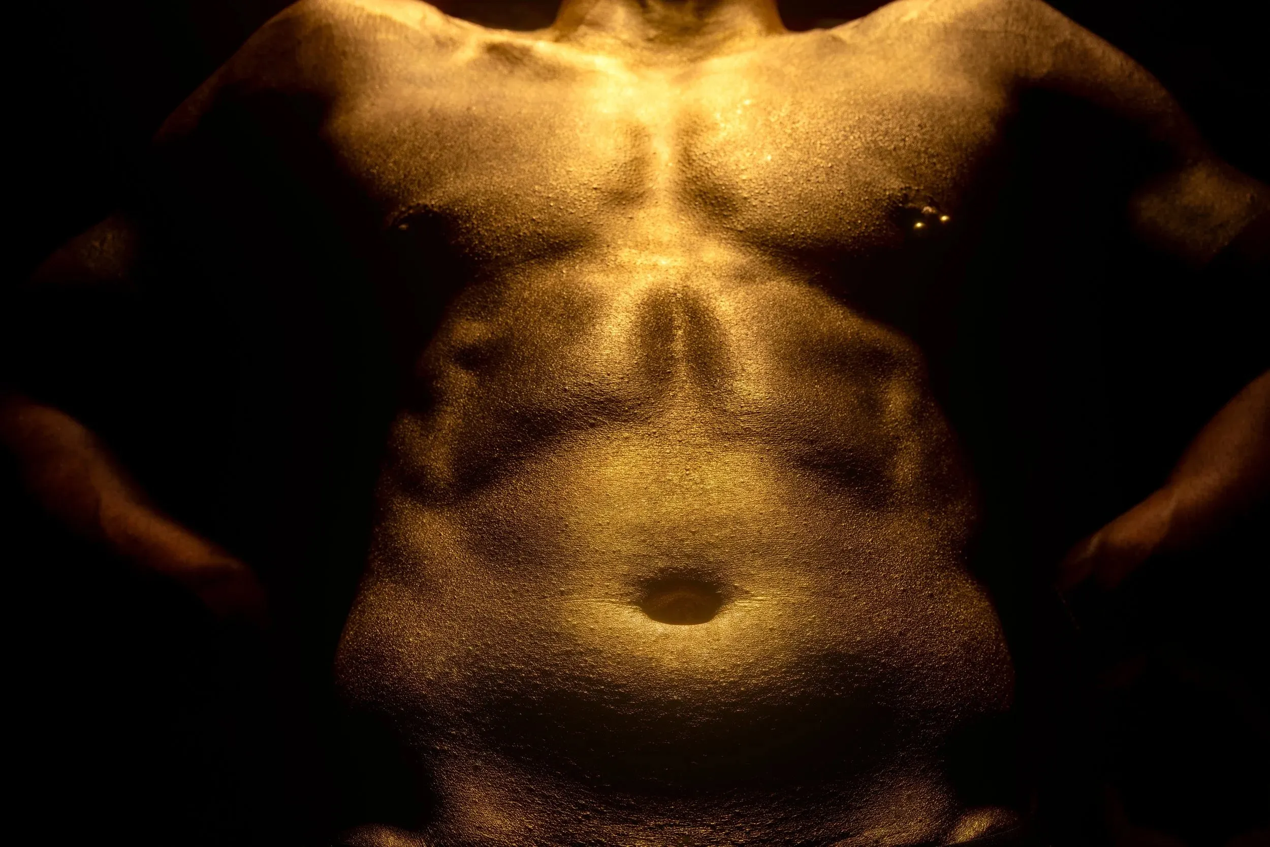 A gold-painted torso faces forward under warm directional light.