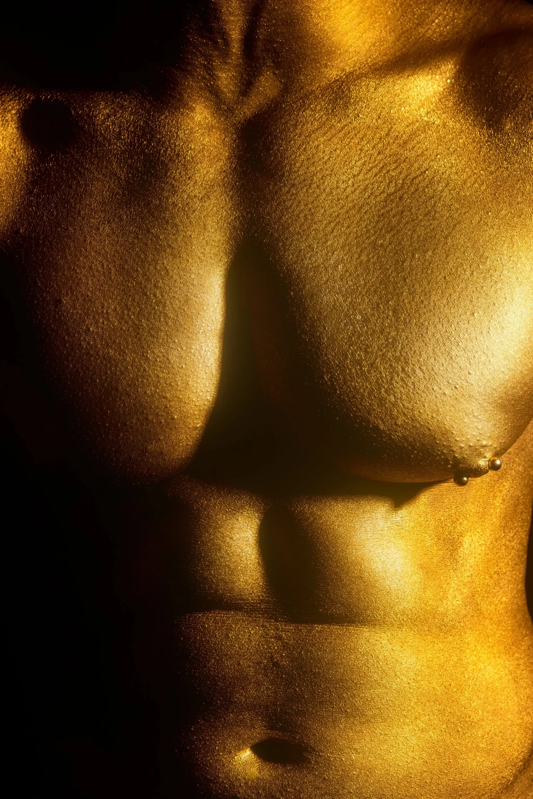 A vertical crop centers a gold-painted torso under hard light.
