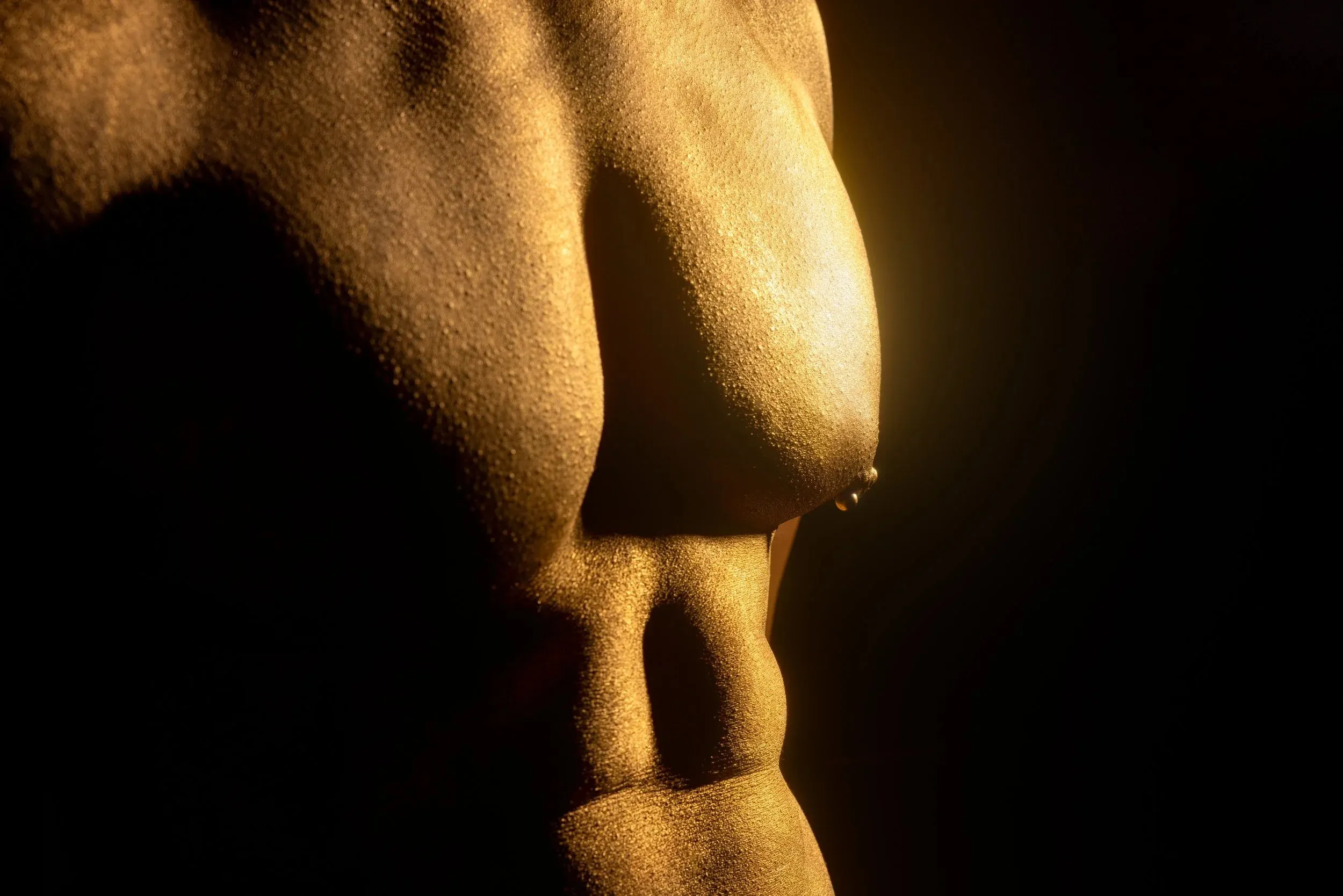 A side view turns a gold-painted torso into an abstract sculptural form.