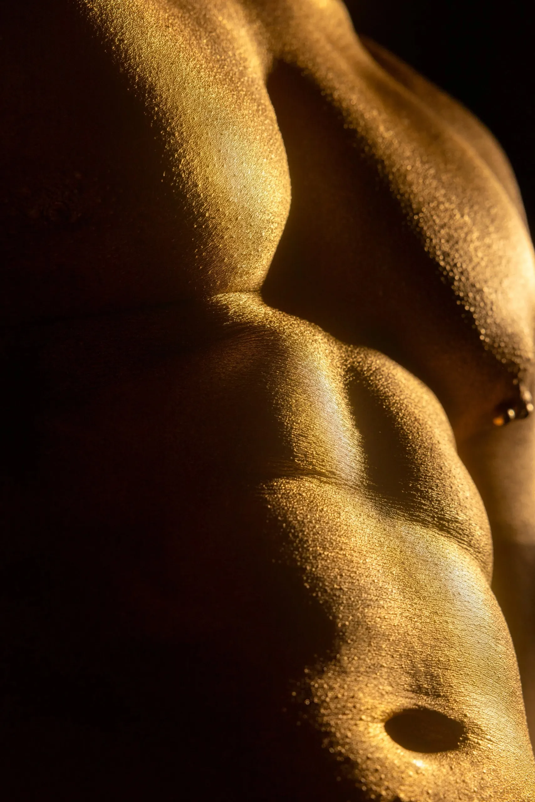 A close crop follows gold-painted ribs and waist through warm shadow.