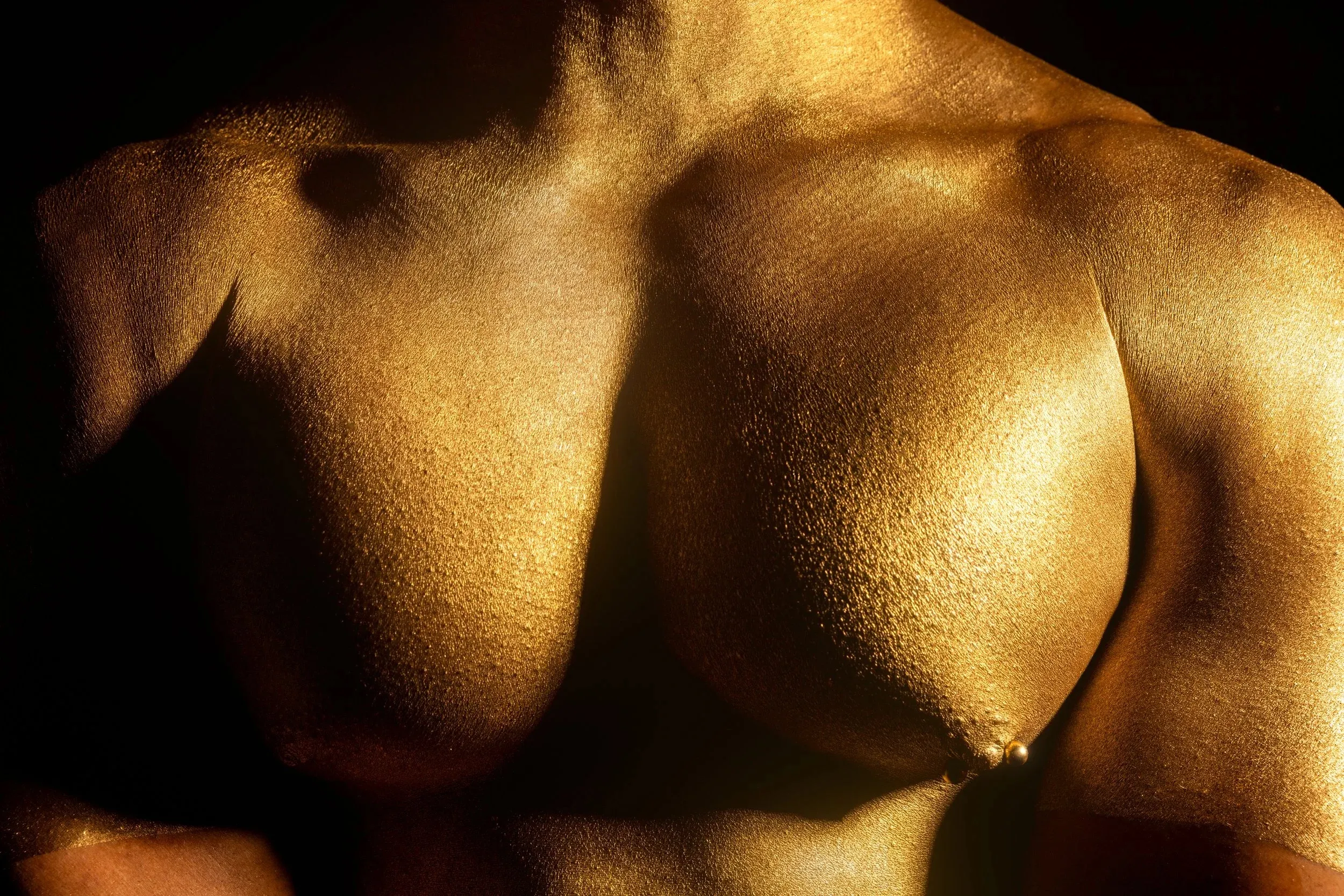 A close frontal crop emphasizes the texture of metallic gold body paint.