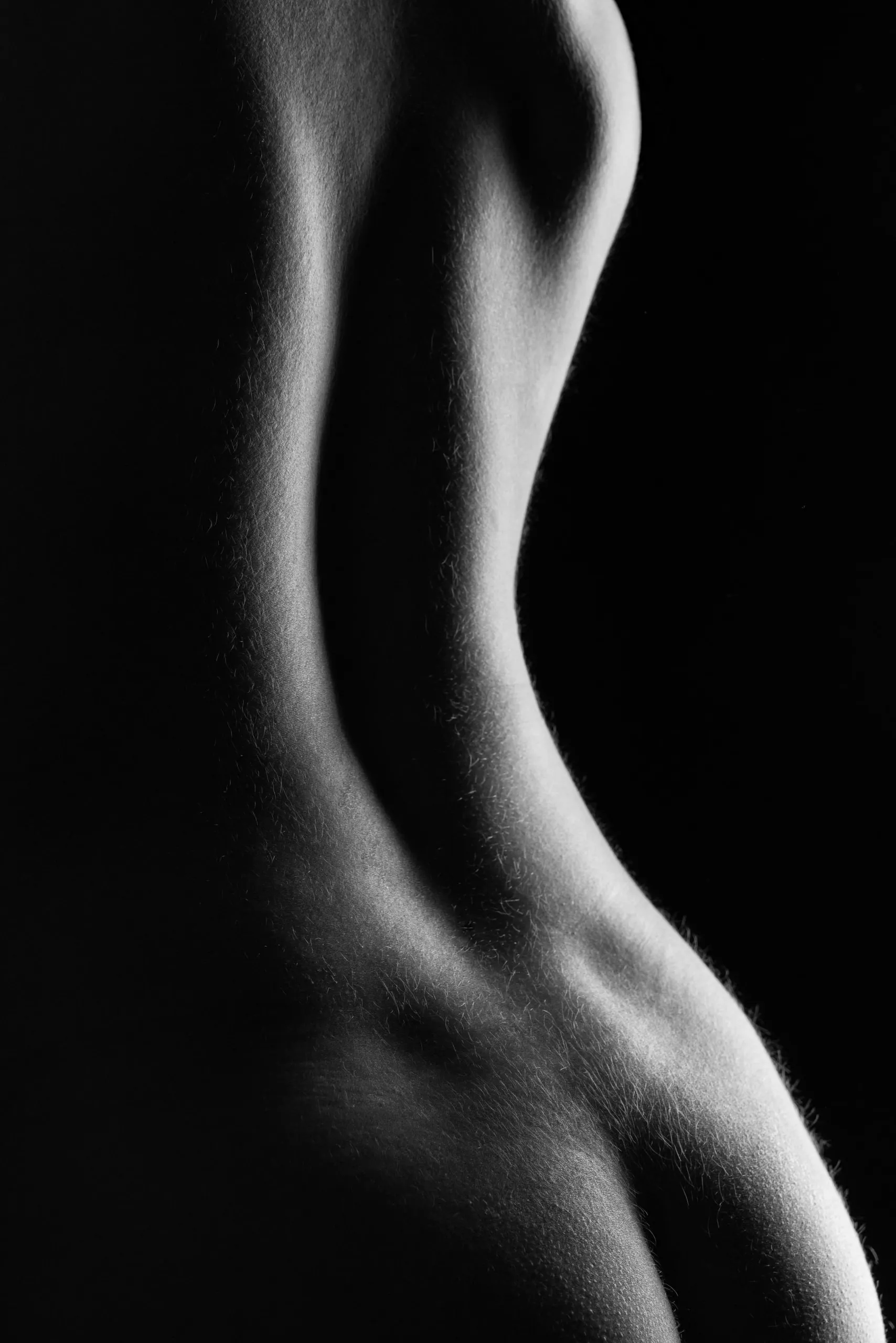 A waist and hip form a luminous black-and-white curve against darkness.