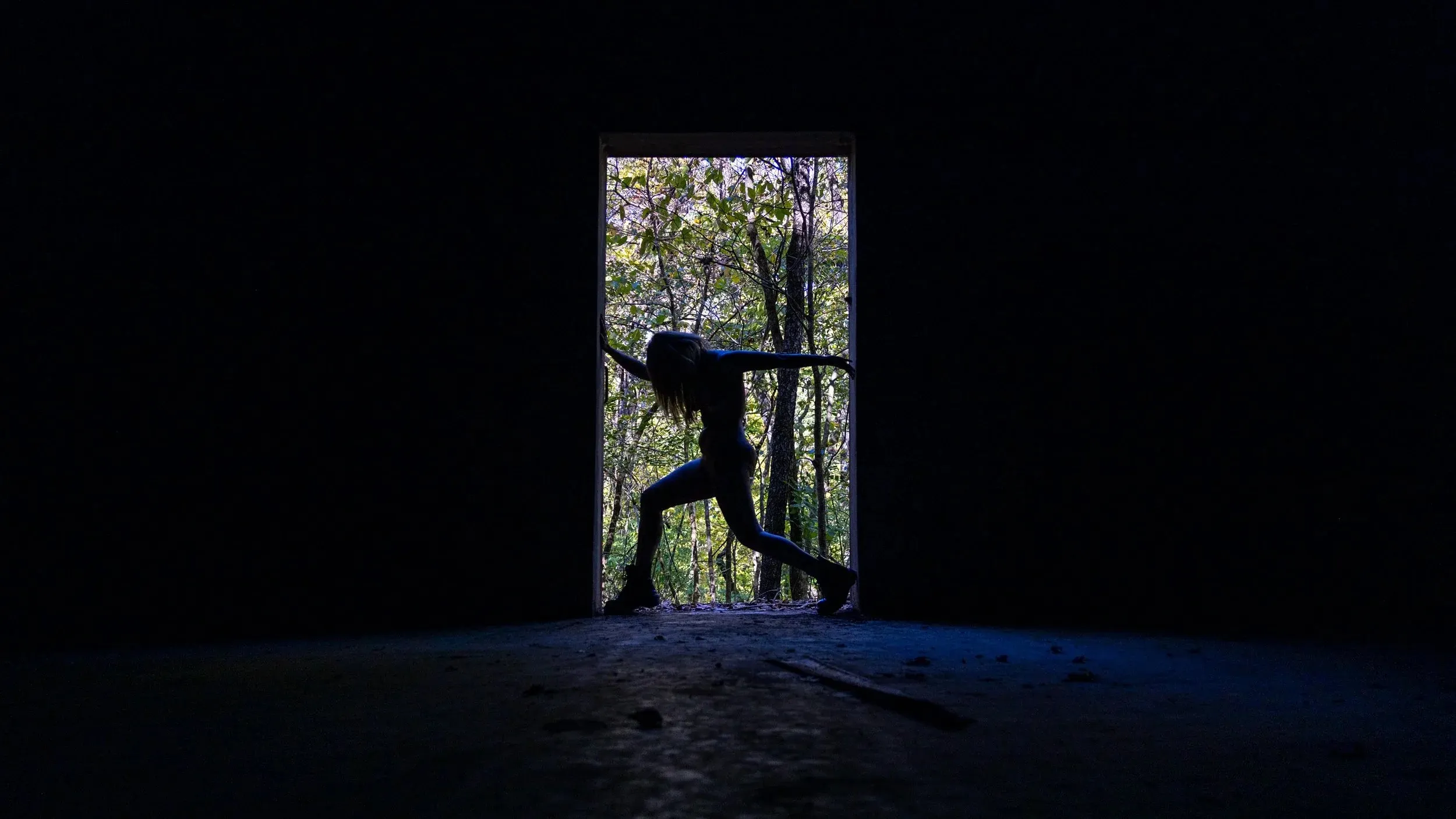 A silhouetted figure stands in the bright doorway of a dark bunker.
