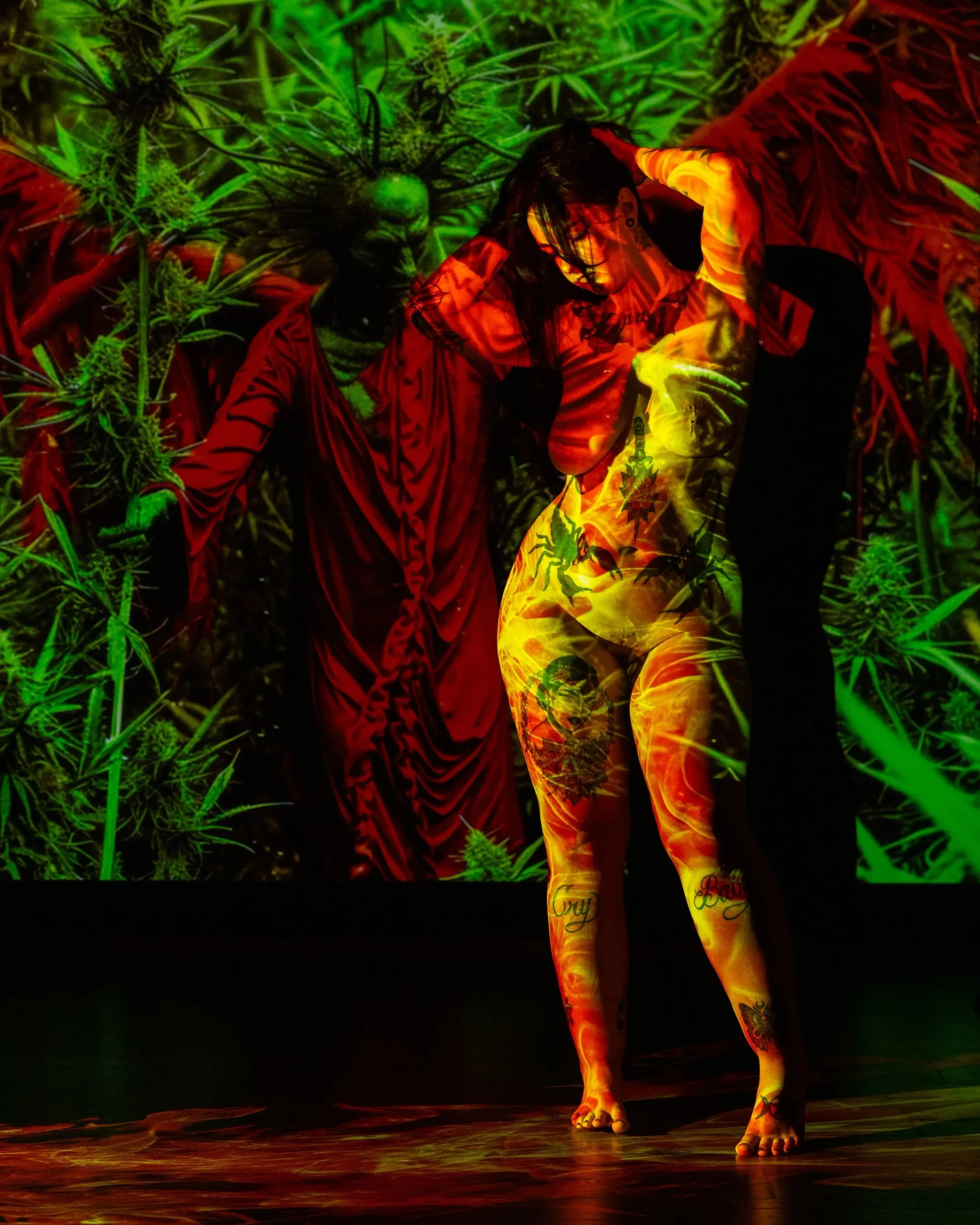 Red, yellow, and green projected foliage surrounds a standing figure.